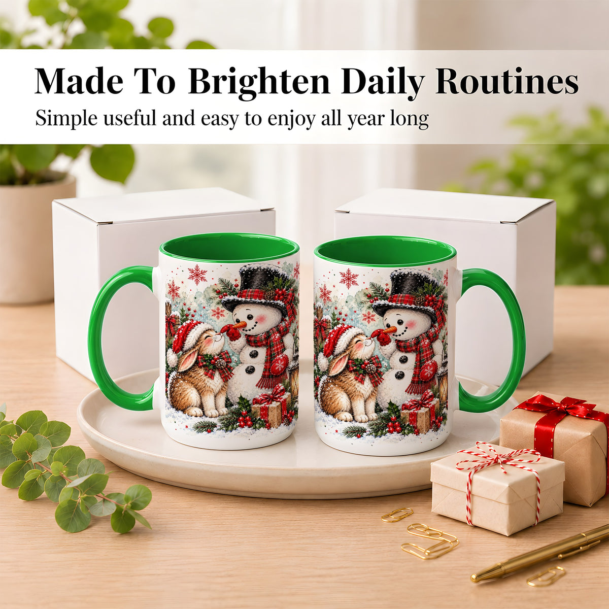#pl[15oz|Green] Snowman Bunny Christmas Coffee Mug, Watercolor Winter Mug, Ceramic Cup