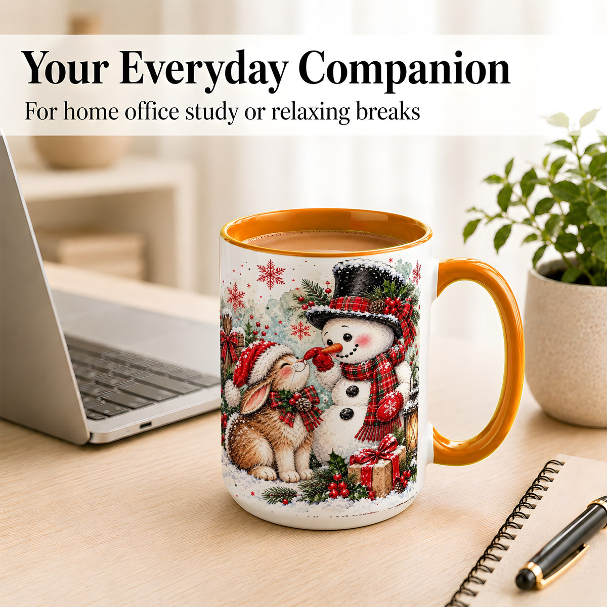 #pl[15oz|Orange] Snowman Bunny Christmas Coffee Mug, Watercolor Winter Mug, Ceramic Cup