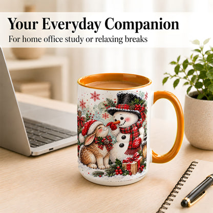#pl[15oz|Orange] Snowman Bunny Christmas Coffee Mug, Watercolor Winter Mug, Ceramic Cup