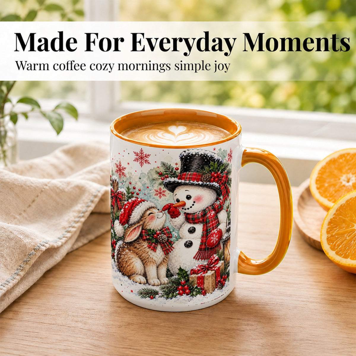 #pl[15oz|Orange] Snowman Bunny Christmas Coffee Mug, Watercolor Winter Mug, Ceramic Cup