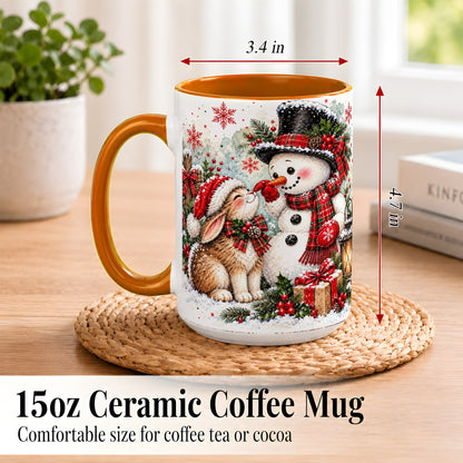 #pl[15oz|Orange] Snowman Bunny Christmas Coffee Mug, Watercolor Winter Mug, Ceramic Cup