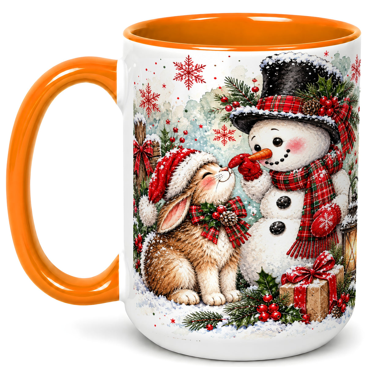 #pl[15oz|Orange] Snowman Bunny Christmas Coffee Mug, Watercolor Winter Mug, Ceramic Cup