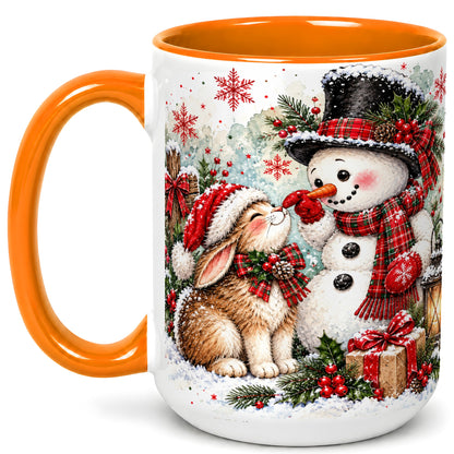 #pl[15oz|Orange] Snowman Bunny Christmas Coffee Mug, Watercolor Winter Mug, Ceramic Cup