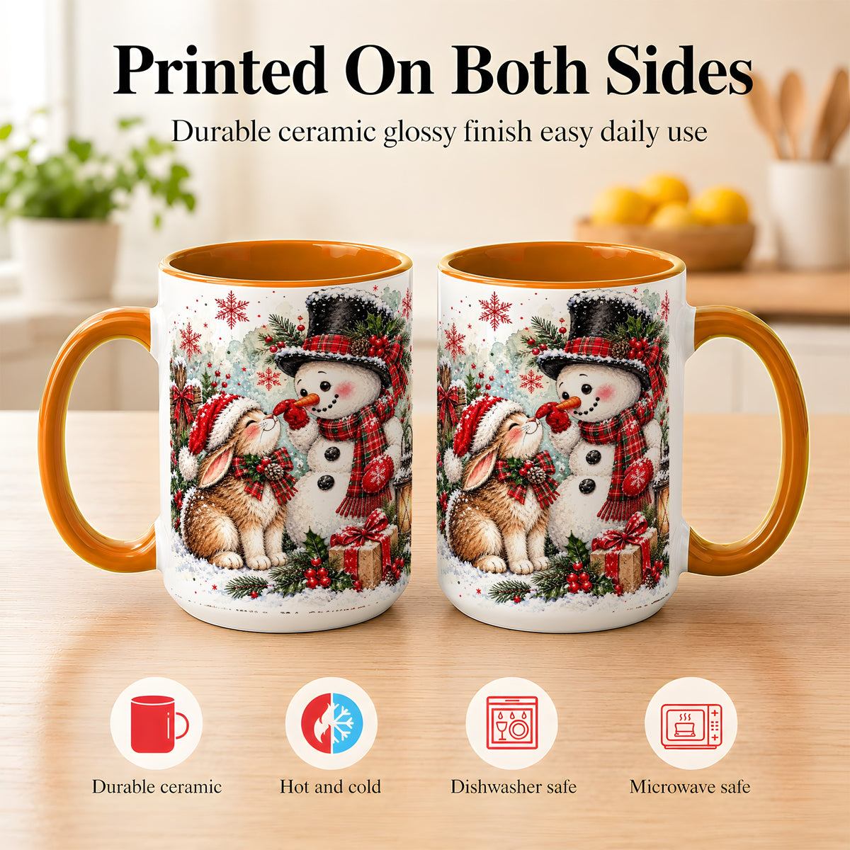 #pl[15oz|Orange] Snowman Bunny Christmas Coffee Mug, Watercolor Winter Mug, Ceramic Cup