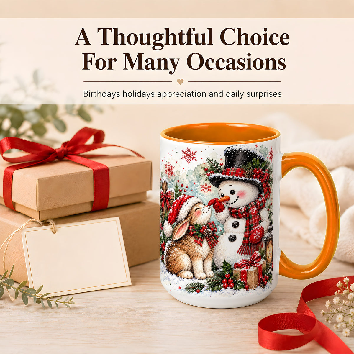 #pl[15oz|Orange] Snowman Bunny Christmas Coffee Mug, Watercolor Winter Mug, Ceramic Cup