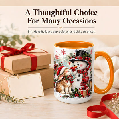 #pl[15oz|Orange] Snowman Bunny Christmas Coffee Mug, Watercolor Winter Mug, Ceramic Cup