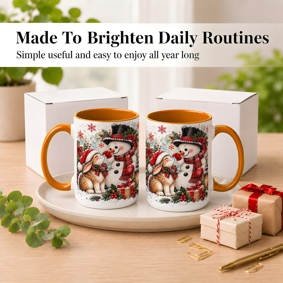 #pl[15oz|Orange] Snowman Bunny Christmas Coffee Mug, Watercolor Winter Mug, Ceramic Cup