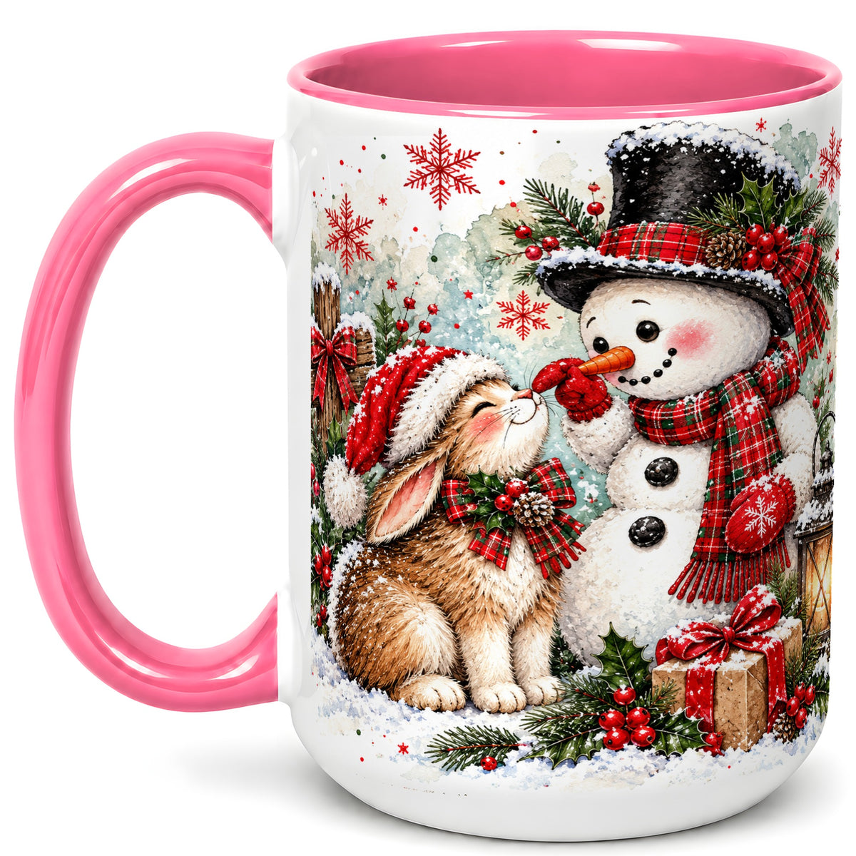 #pl[15oz|Pink] Snowman Bunny Christmas Coffee Mug, Watercolor Winter Mug, Ceramic Cup
