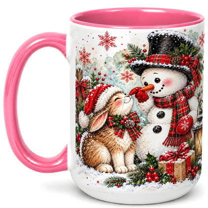 #pl[15oz|Pink] Snowman Bunny Christmas Coffee Mug, Watercolor Winter Mug, Ceramic Cup