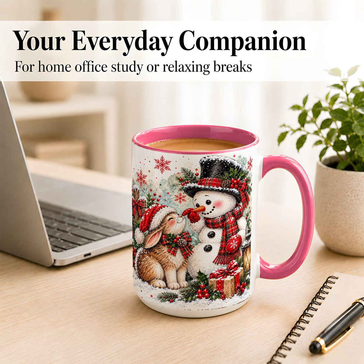 #pl[15oz|Pink] Snowman Bunny Christmas Coffee Mug, Watercolor Winter Mug, Ceramic Cup