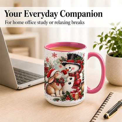 #pl[15oz|Pink] Snowman Bunny Christmas Coffee Mug, Watercolor Winter Mug, Ceramic Cup