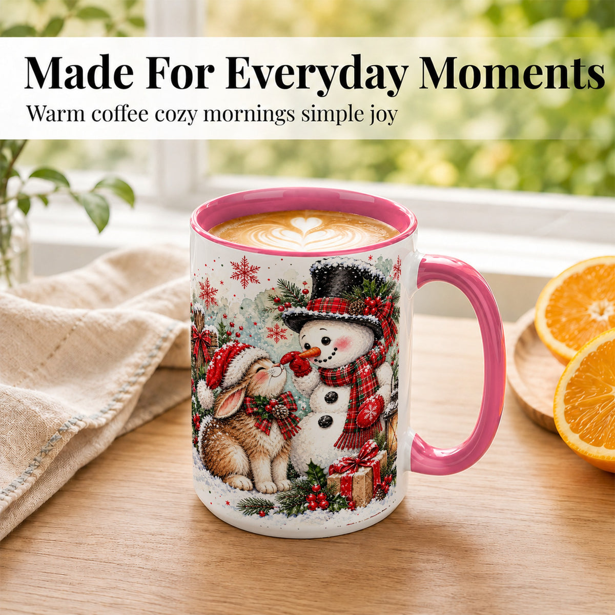 #pl[15oz|Pink] Snowman Bunny Christmas Coffee Mug, Watercolor Winter Mug, Ceramic Cup