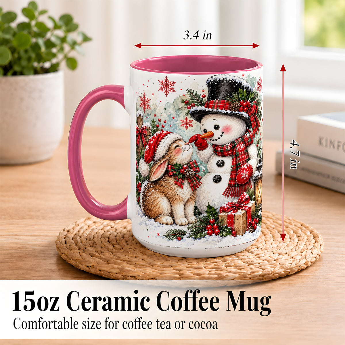 #pl[15oz|Pink] Snowman Bunny Christmas Coffee Mug, Watercolor Winter Mug, Ceramic Cup