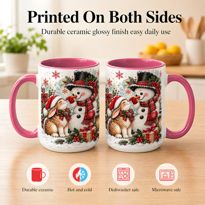 #pl[15oz|Pink] Snowman Bunny Christmas Coffee Mug, Watercolor Winter Mug, Ceramic Cup