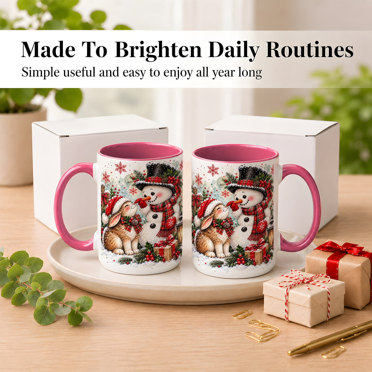 #pl[15oz|Pink] Snowman Bunny Christmas Coffee Mug, Watercolor Winter Mug, Ceramic Cup