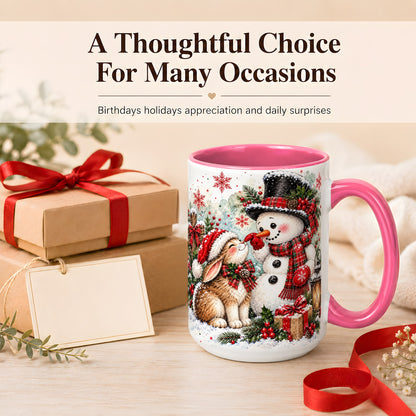 #pl[15oz|Pink] Snowman Bunny Christmas Coffee Mug, Watercolor Winter Mug, Ceramic Cup