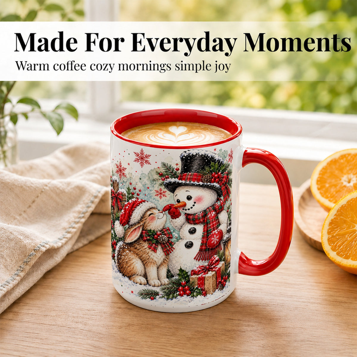 #pl[15oz|Red] Snowman Bunny Christmas Coffee Mug, Watercolor Winter Mug, Ceramic Cup