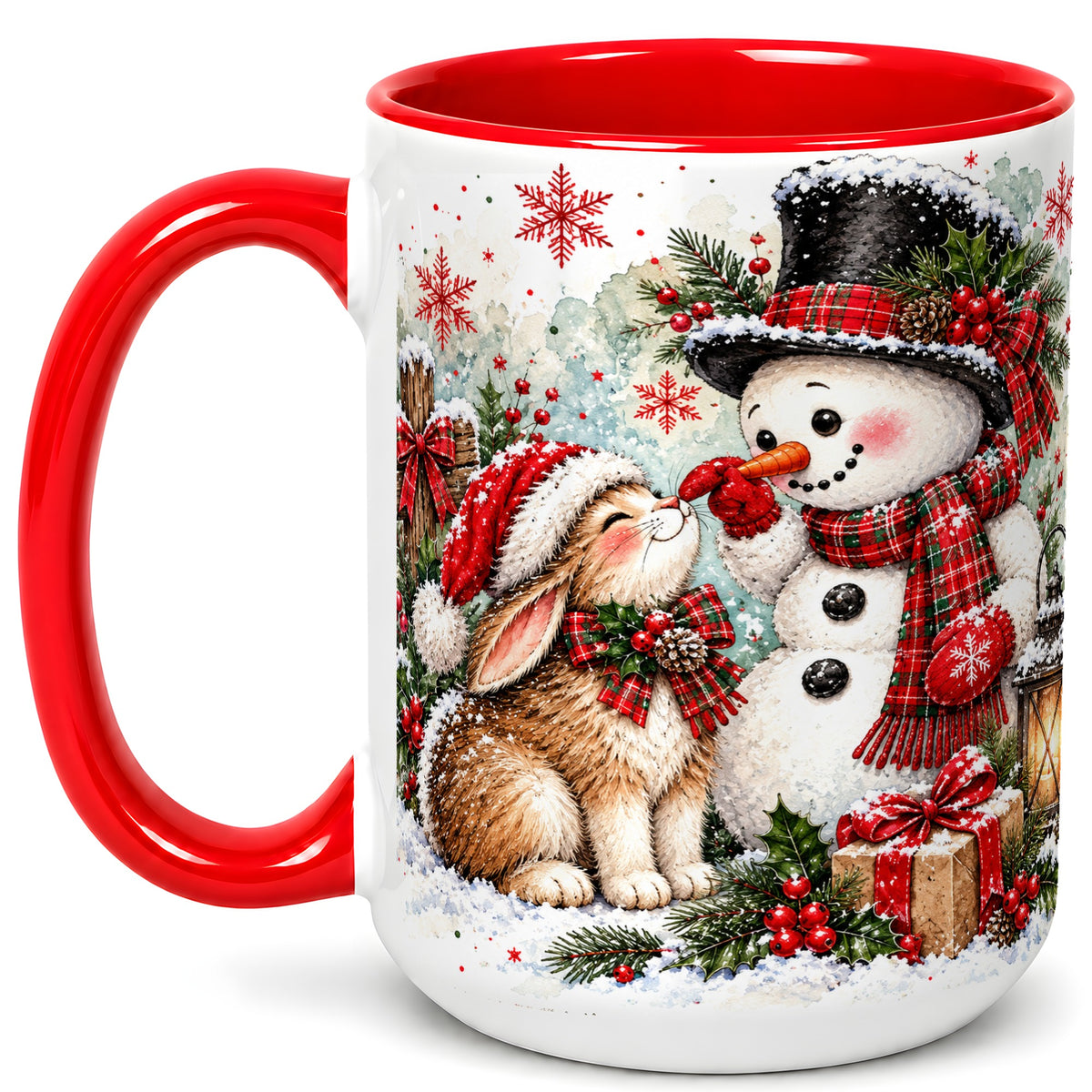 #pl[15oz|Red] Snowman Bunny Christmas Coffee Mug, Watercolor Winter Mug, Ceramic Cup