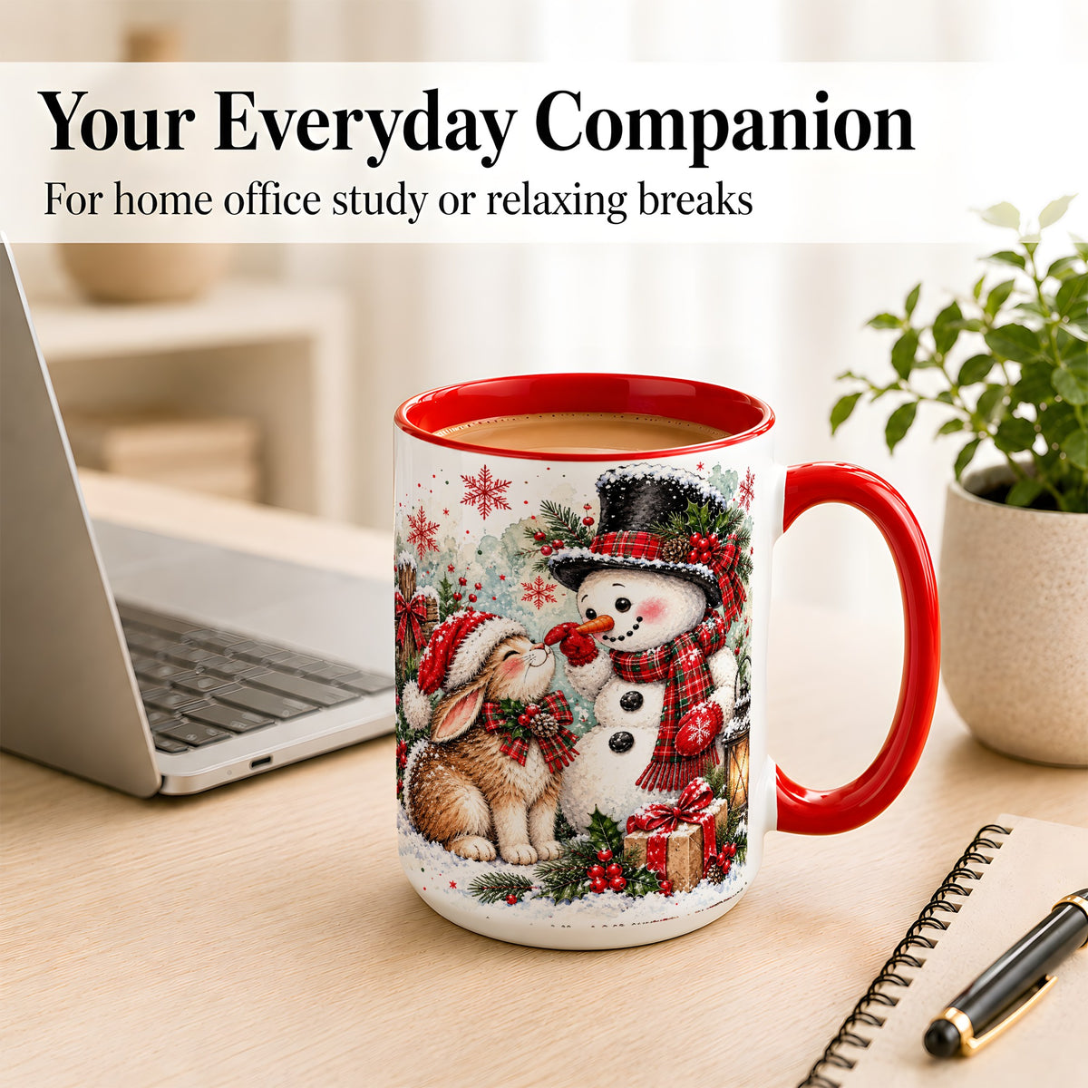 #pl[15oz|Red] Snowman Bunny Christmas Coffee Mug, Watercolor Winter Mug, Ceramic Cup