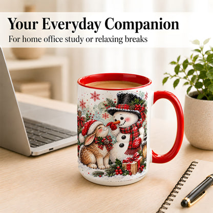 #pl[15oz|Red] Snowman Bunny Christmas Coffee Mug, Watercolor Winter Mug, Ceramic Cup