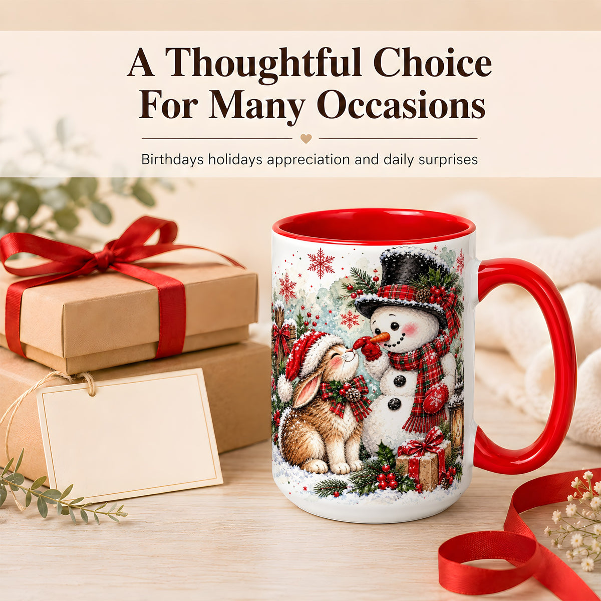 #pl[15oz|Red] Snowman Bunny Christmas Coffee Mug, Watercolor Winter Mug, Ceramic Cup