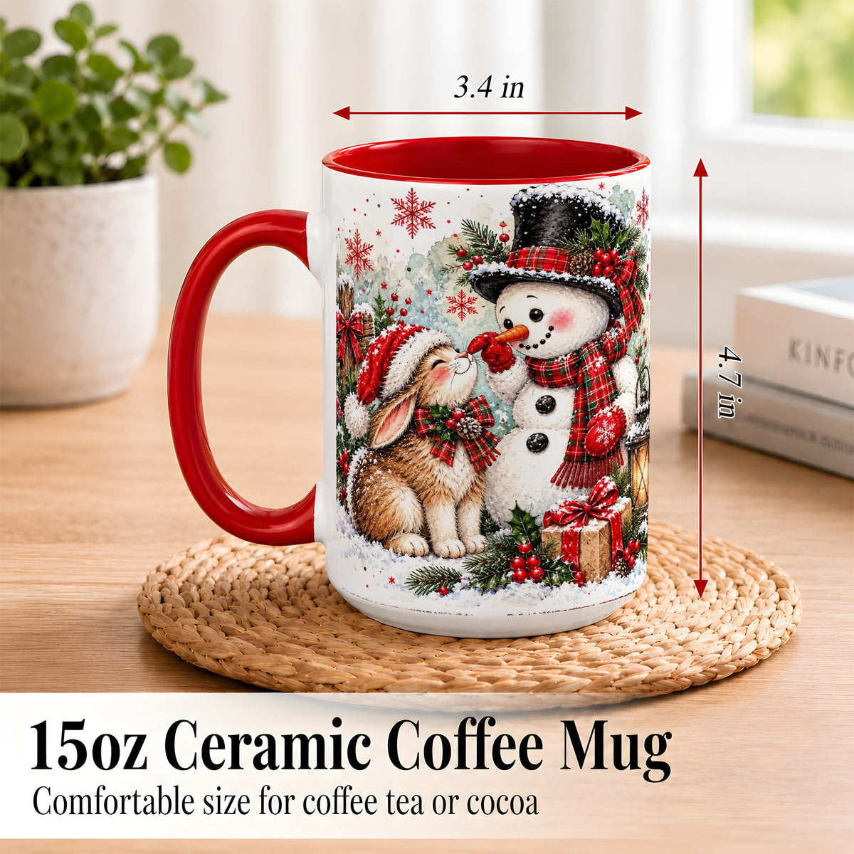 #pl[15oz|Red] Snowman Bunny Christmas Coffee Mug, Watercolor Winter Mug, Ceramic Cup