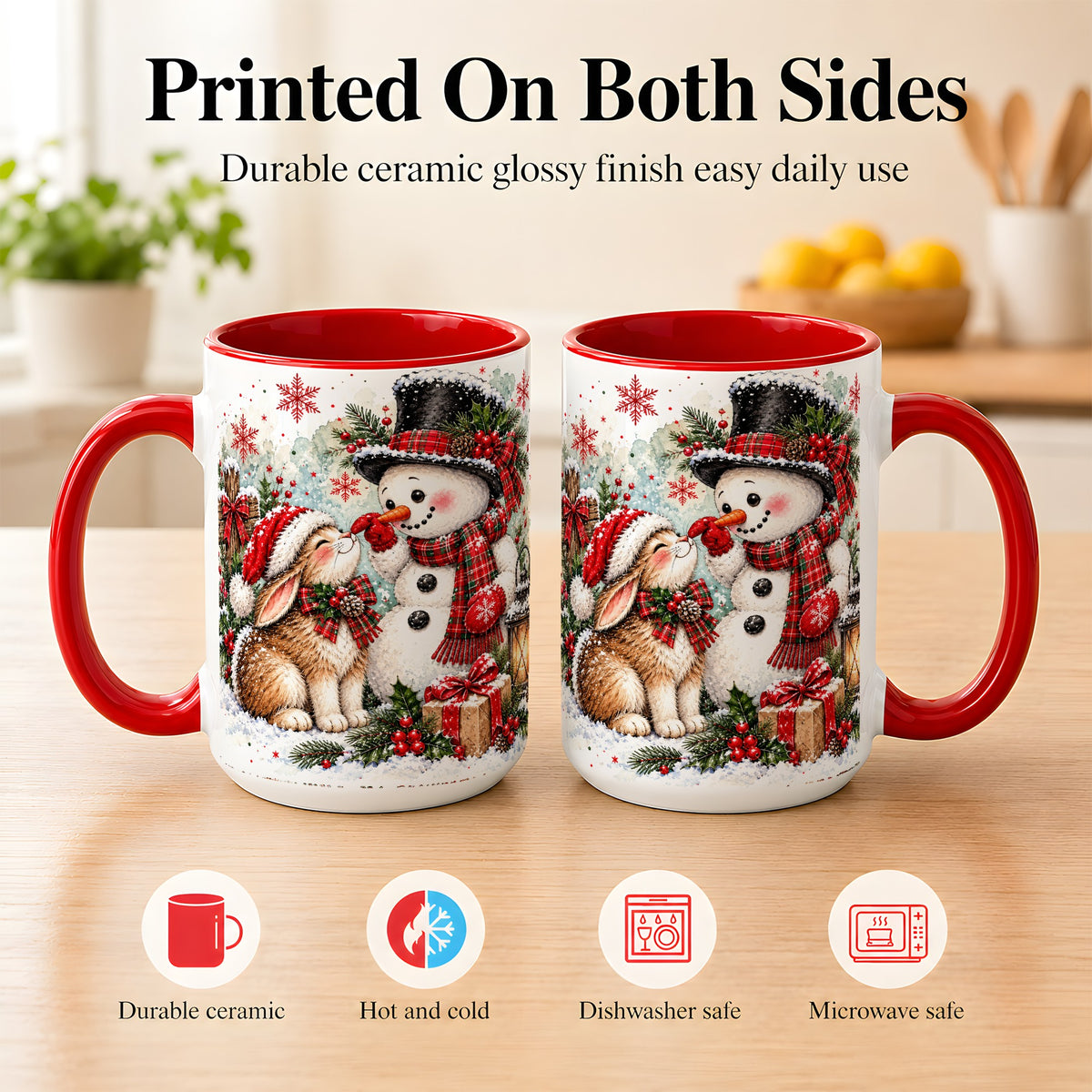 #pl[15oz|Red] Snowman Bunny Christmas Coffee Mug, Watercolor Winter Mug, Ceramic Cup