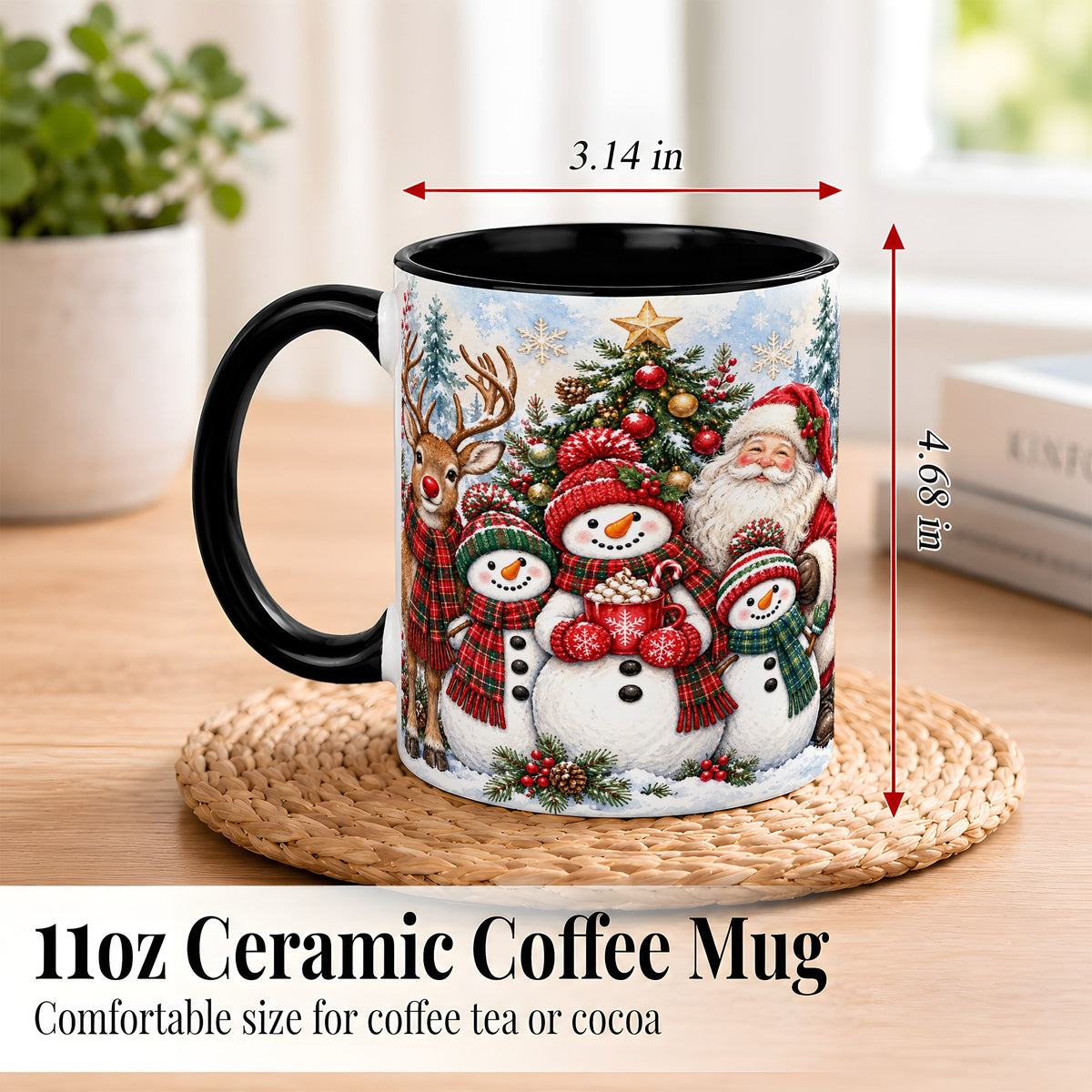 #pl[11oz|Black] Santa Snowman Reindeer Coffee Mug, Christmas Friends Mug, Ceramic Cup