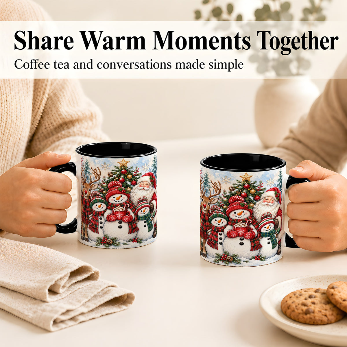 #pl[11oz|Black] Santa Snowman Reindeer Coffee Mug, Christmas Friends Mug, Ceramic Cup
