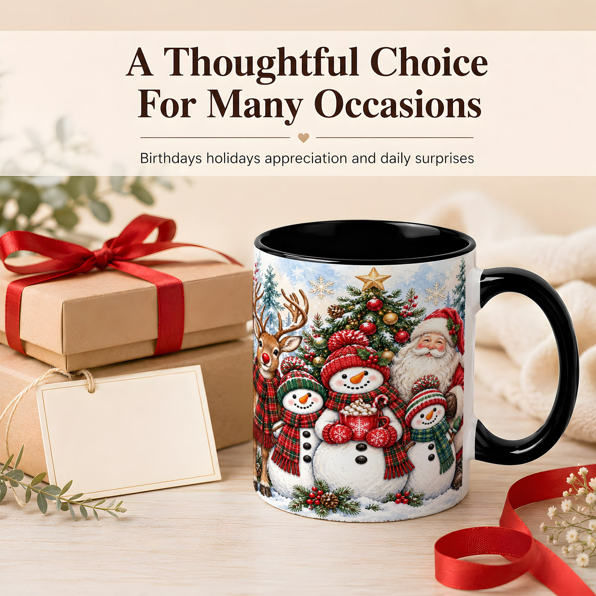 #pl[11oz|Black] Santa Snowman Reindeer Coffee Mug, Christmas Friends Mug, Ceramic Cup