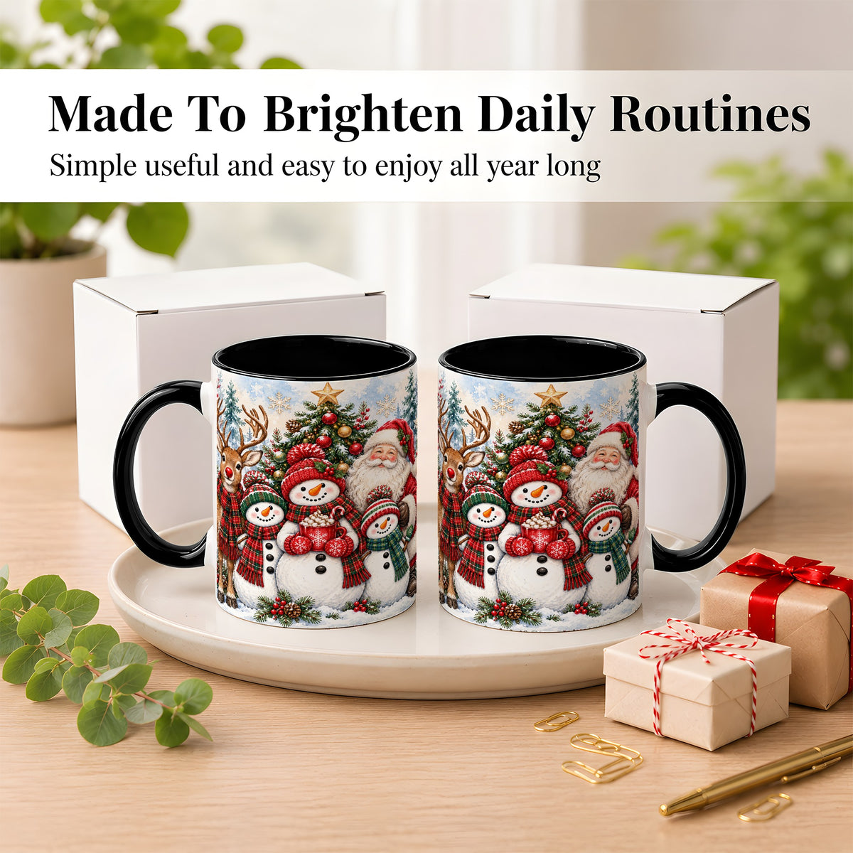#pl[11oz|Black] Santa Snowman Reindeer Coffee Mug, Christmas Friends Mug, Ceramic Cup