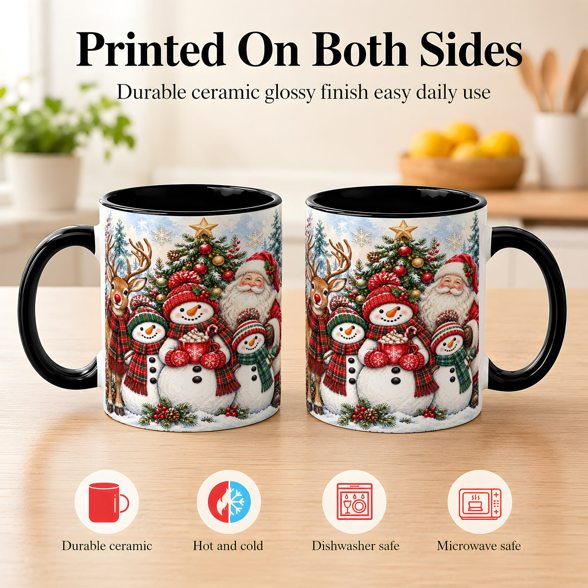 #pl[11oz|Black] Santa Snowman Reindeer Coffee Mug, Christmas Friends Mug, Ceramic Cup