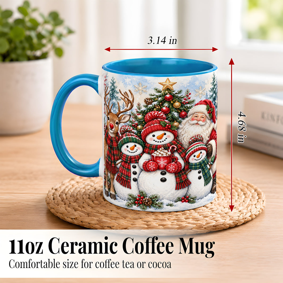 #pl[11oz|Blue] Santa Snowman Reindeer Coffee Mug, Christmas Friends Mug, Ceramic Cup