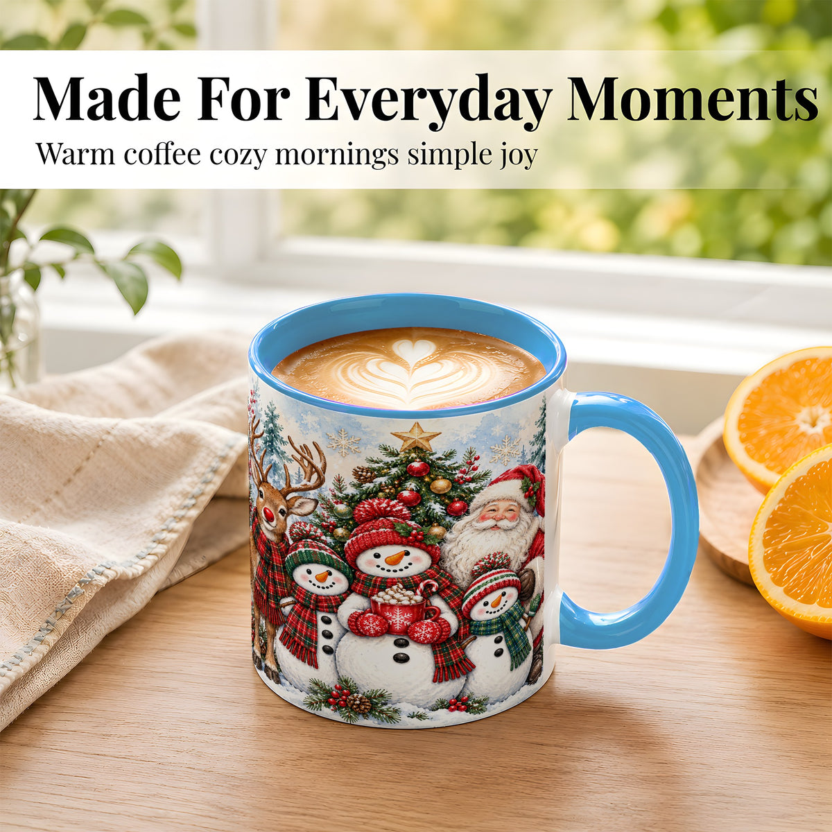 #pl[11oz|Blue] Santa Snowman Reindeer Coffee Mug, Christmas Friends Mug, Ceramic Cup