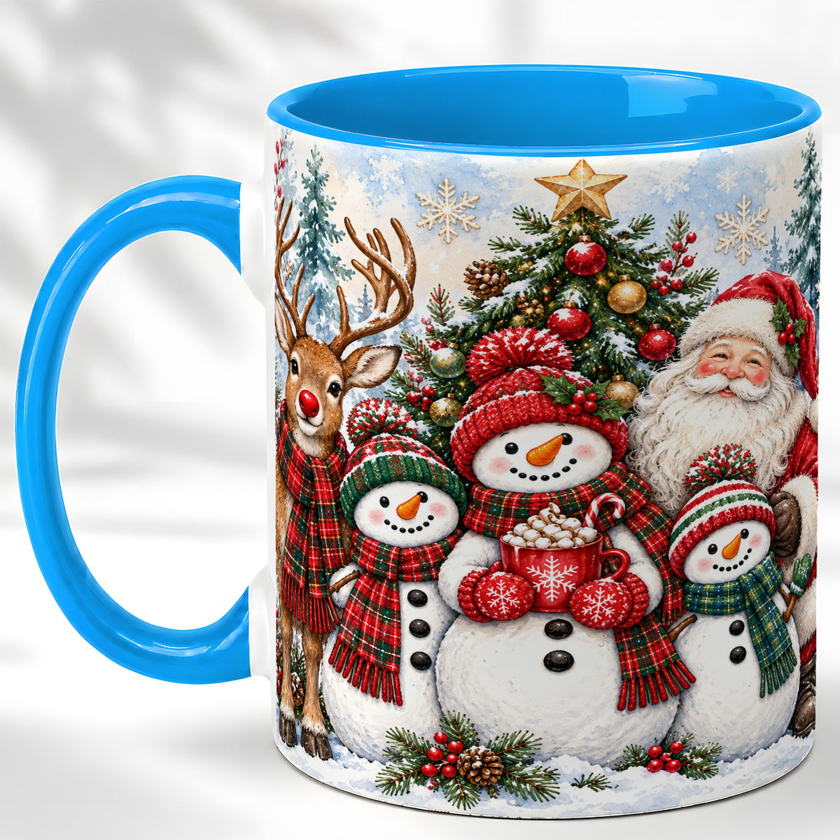 #pl[11oz|Blue] Santa Snowman Reindeer Coffee Mug, Christmas Friends Mug, Ceramic Cup