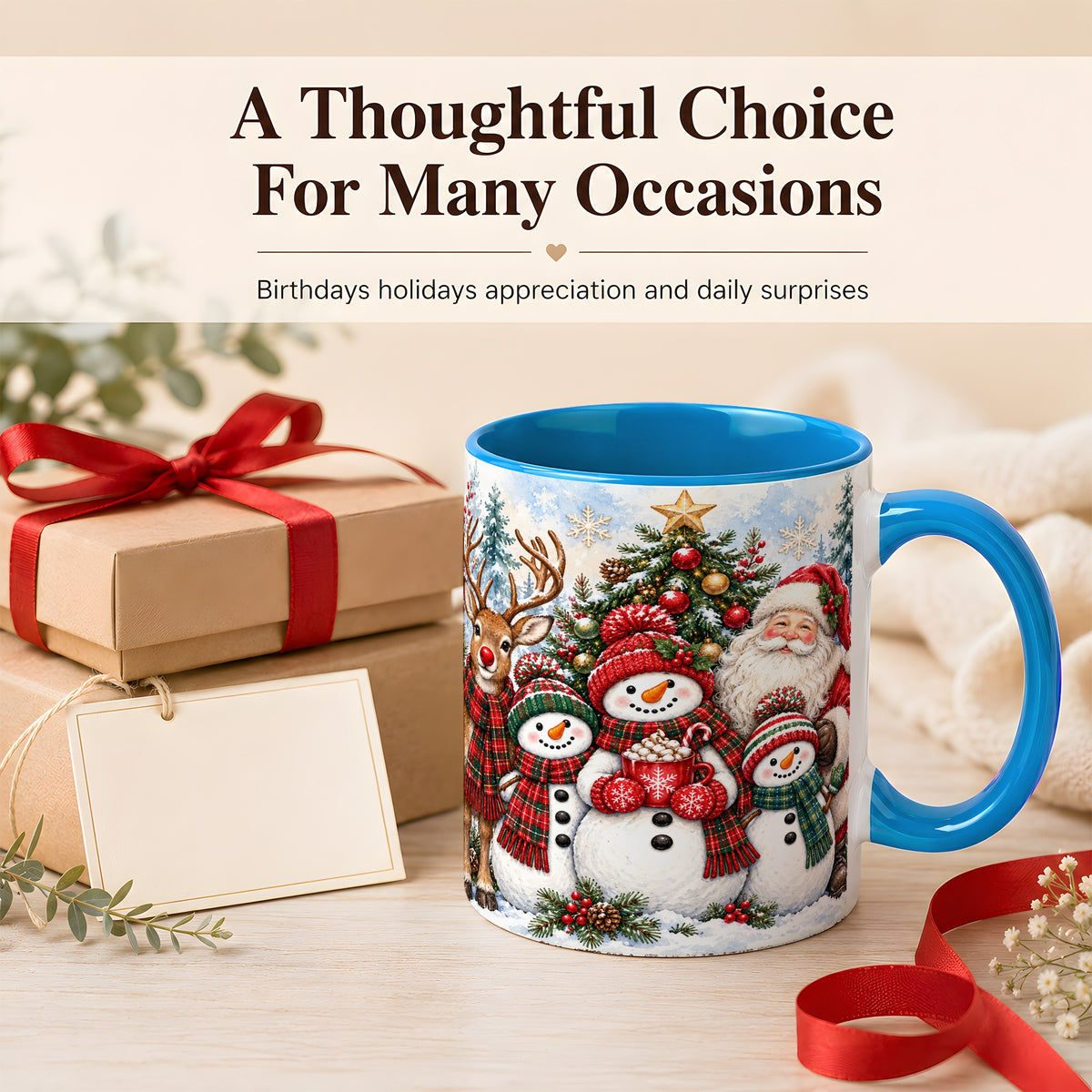 #pl[11oz|Blue] Santa Snowman Reindeer Coffee Mug, Christmas Friends Mug, Ceramic Cup