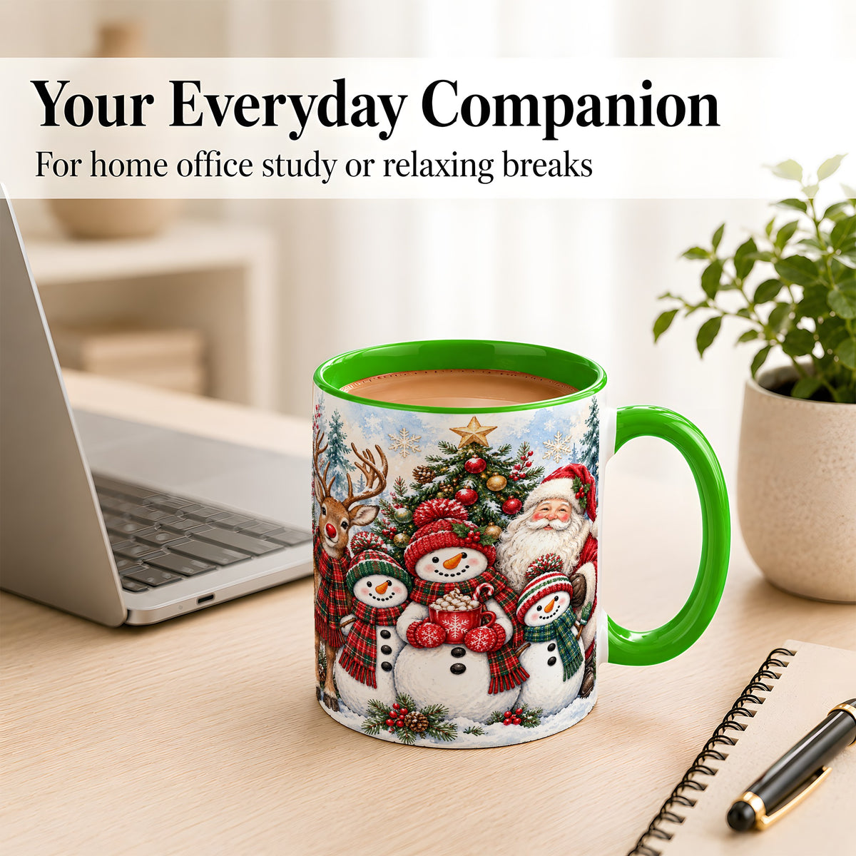 #pl[11oz|Green] Santa Snowman Reindeer Coffee Mug, Christmas Friends Mug, Ceramic Cup