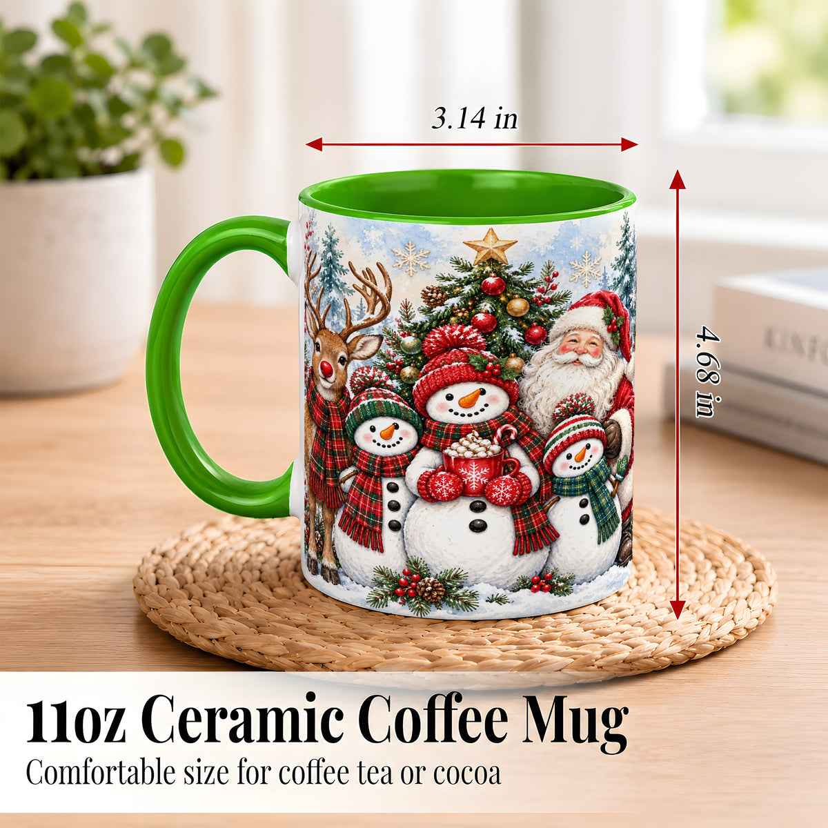 #pl[11oz|Green] Santa Snowman Reindeer Coffee Mug, Christmas Friends Mug, Ceramic Cup