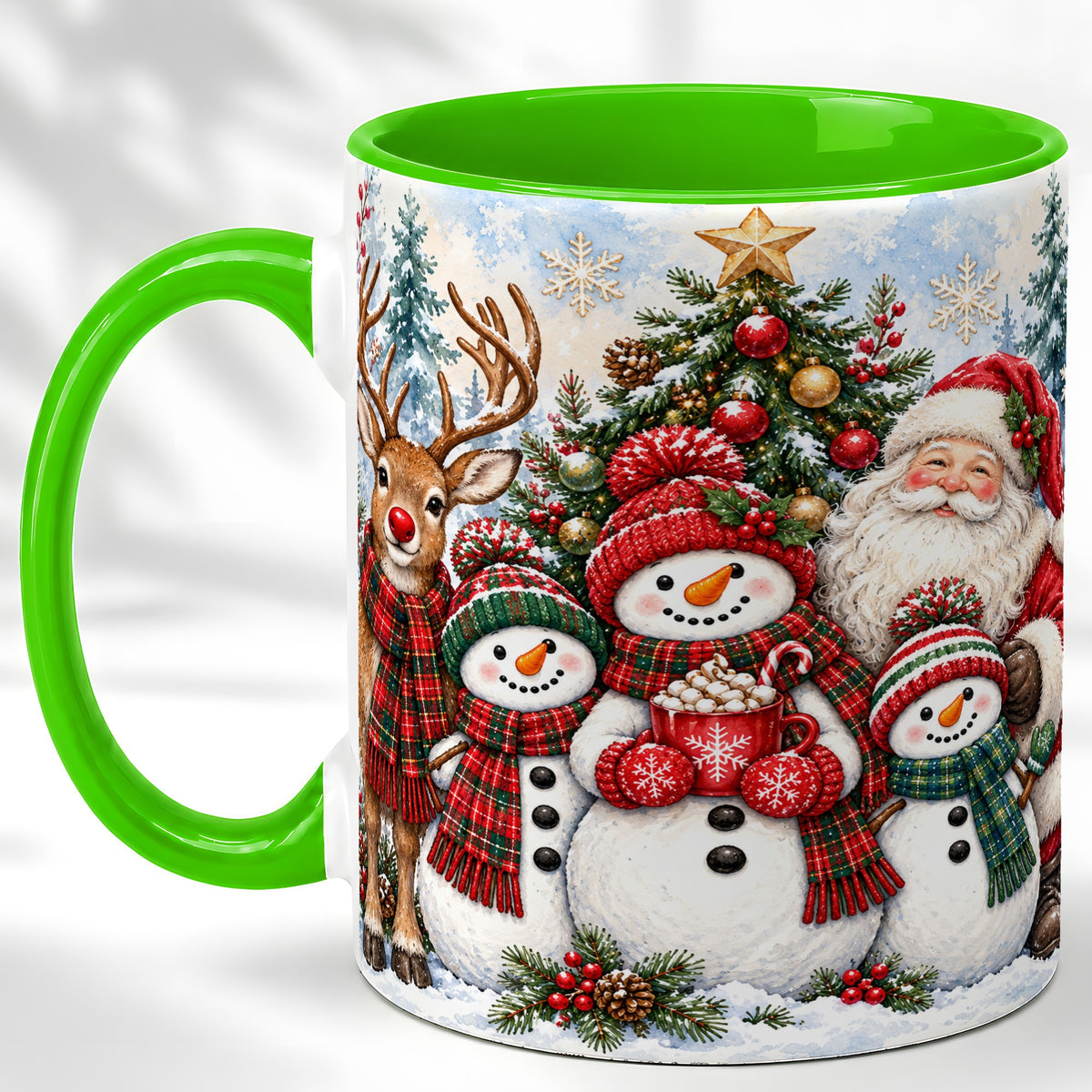#pl[11oz|Green] Santa Snowman Reindeer Coffee Mug, Christmas Friends Mug, Ceramic Cup