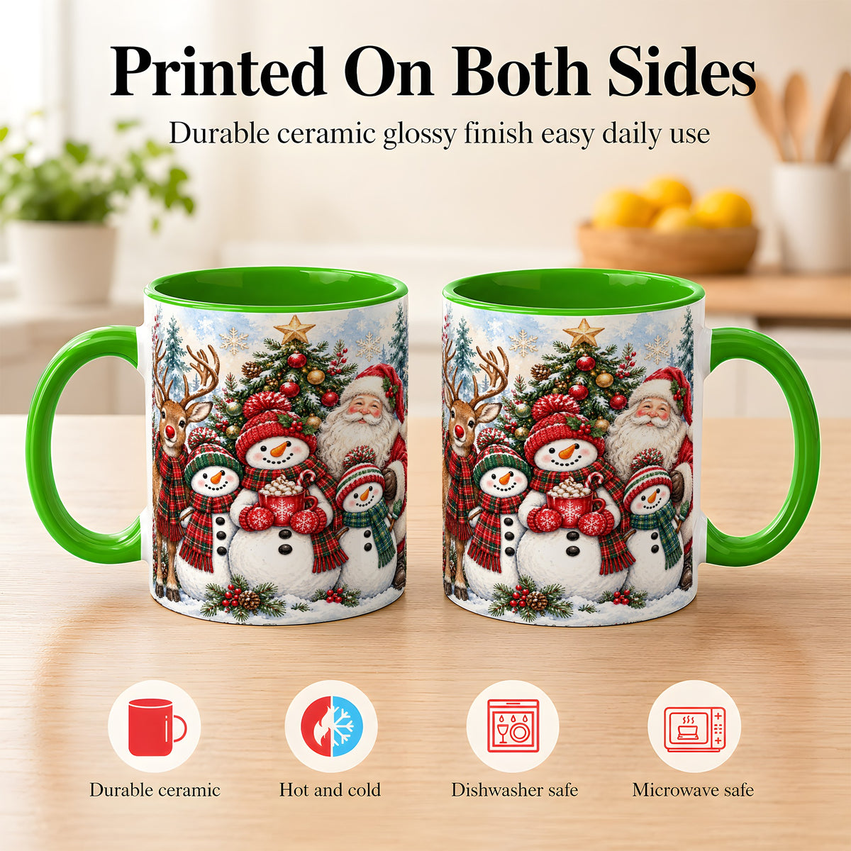 #pl[11oz|Green] Santa Snowman Reindeer Coffee Mug, Christmas Friends Mug, Ceramic Cup
