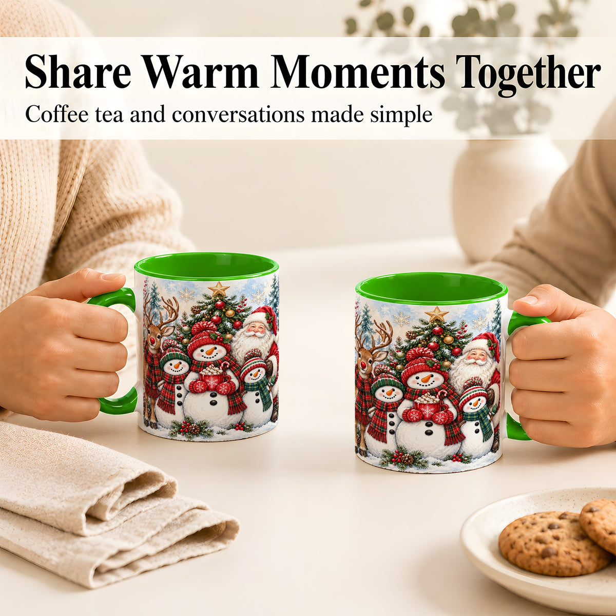 #pl[11oz|Green] Santa Snowman Reindeer Coffee Mug, Christmas Friends Mug, Ceramic Cup