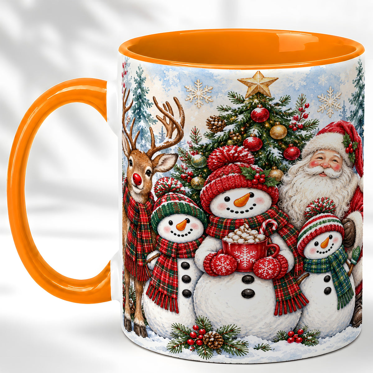 #pl[11oz|Orange] Santa Snowman Reindeer Coffee Mug, Christmas Friends Mug, Ceramic Cup