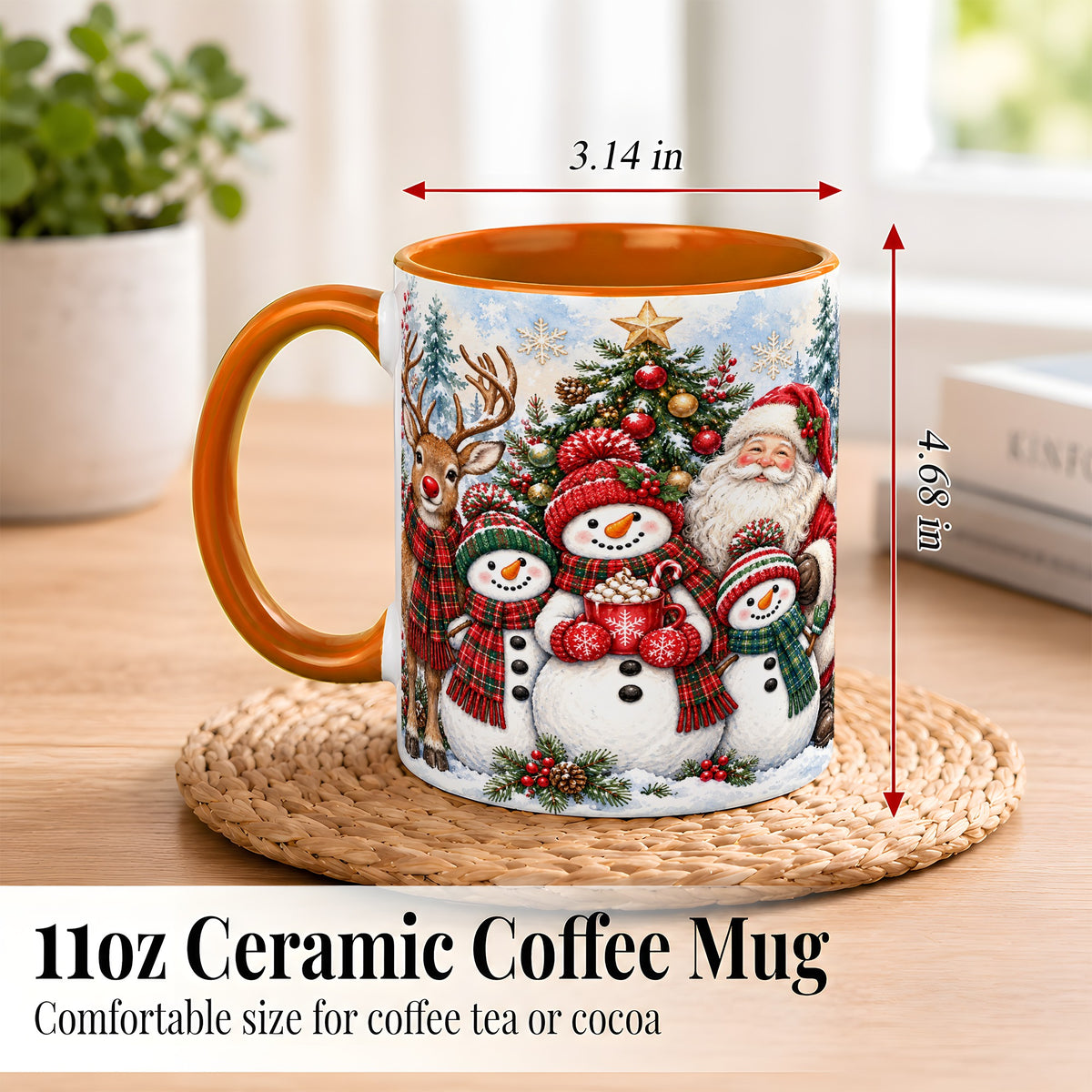 #pl[11oz|Orange] Santa Snowman Reindeer Coffee Mug, Christmas Friends Mug, Ceramic Cup