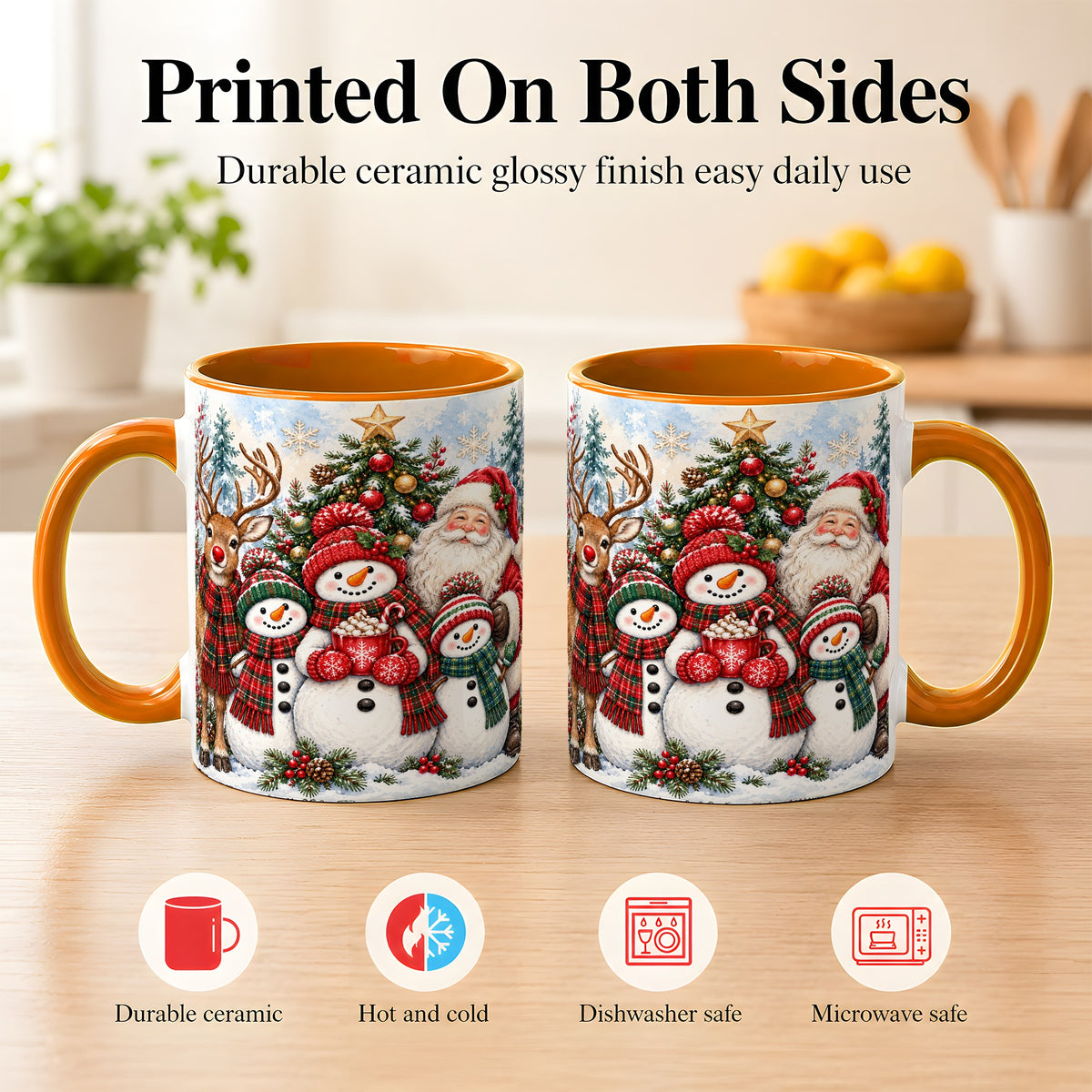 #pl[11oz|Orange] Santa Snowman Reindeer Coffee Mug, Christmas Friends Mug, Ceramic Cup