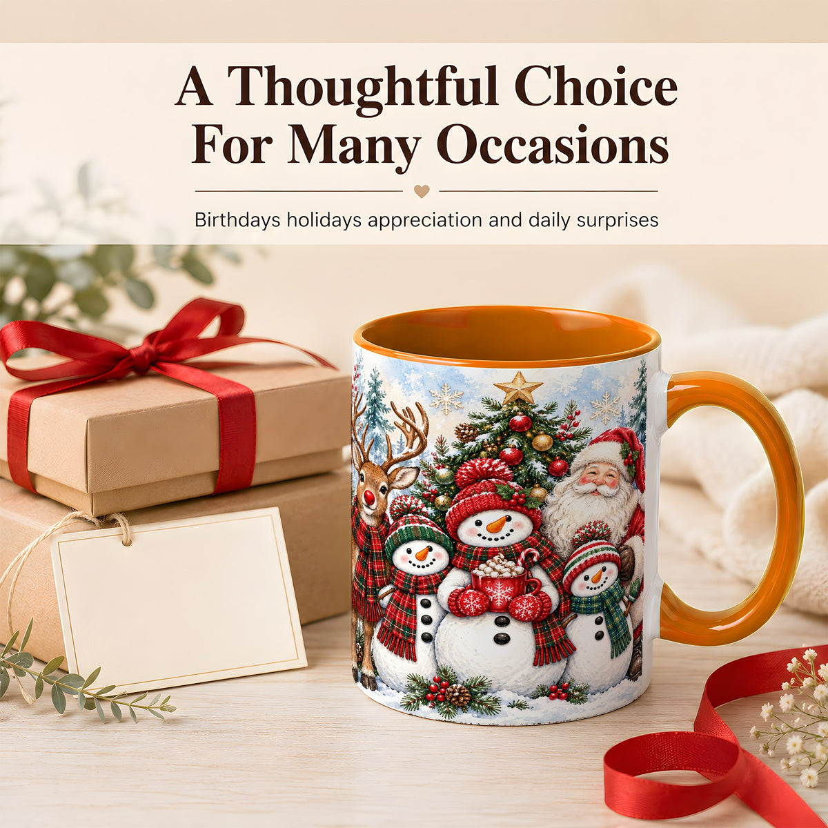 #pl[11oz|Orange] Santa Snowman Reindeer Coffee Mug, Christmas Friends Mug, Ceramic Cup