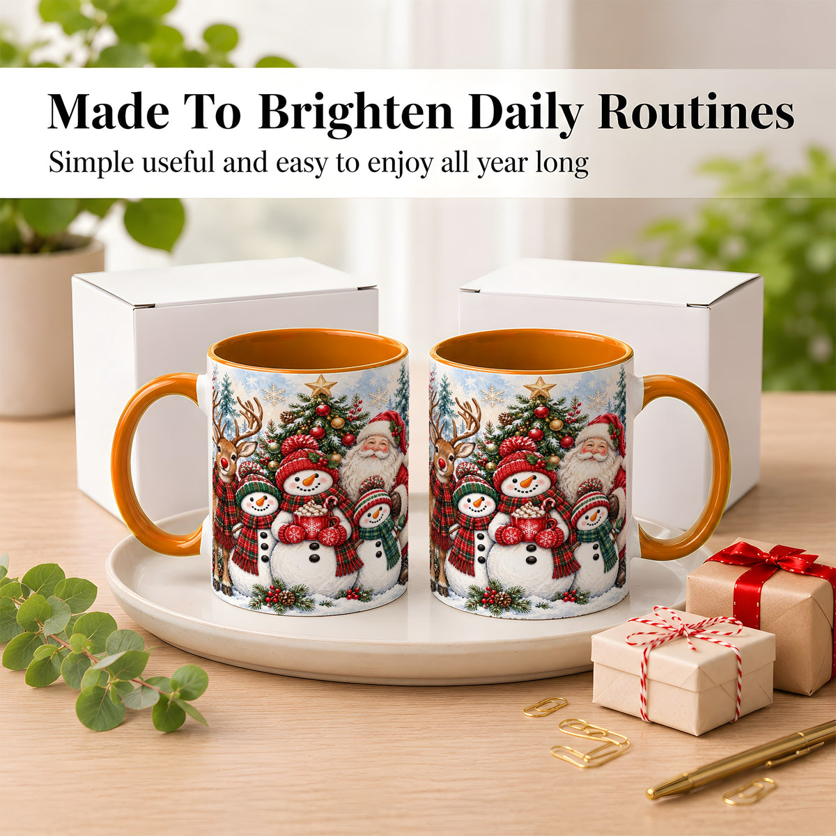 #pl[11oz|Orange] Santa Snowman Reindeer Coffee Mug, Christmas Friends Mug, Ceramic Cup