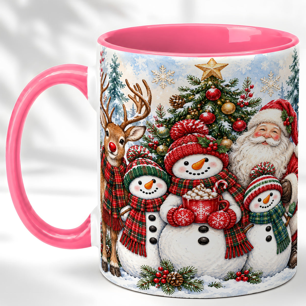 #pl[11oz|Pink] Santa Snowman Reindeer Coffee Mug, Christmas Friends Mug, Ceramic Cup