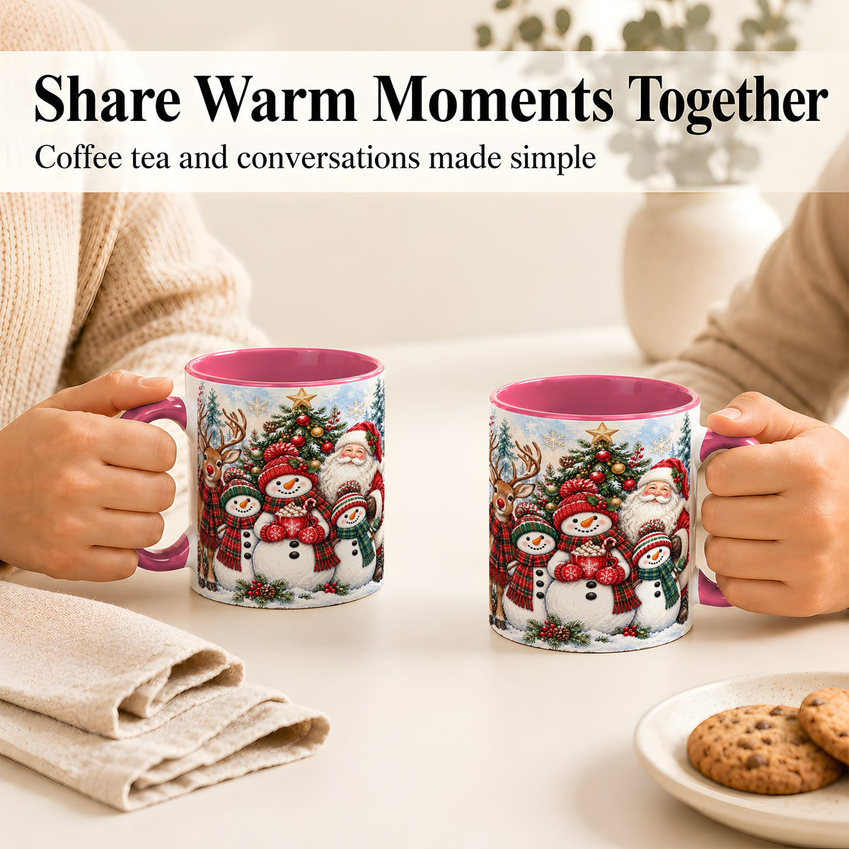 #pl[11oz|Pink] Santa Snowman Reindeer Coffee Mug, Christmas Friends Mug, Ceramic Cup