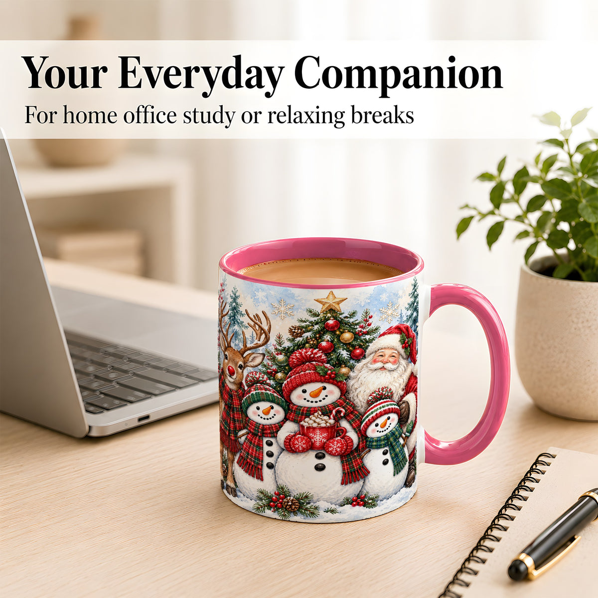 #pl[11oz|Pink] Santa Snowman Reindeer Coffee Mug, Christmas Friends Mug, Ceramic Cup