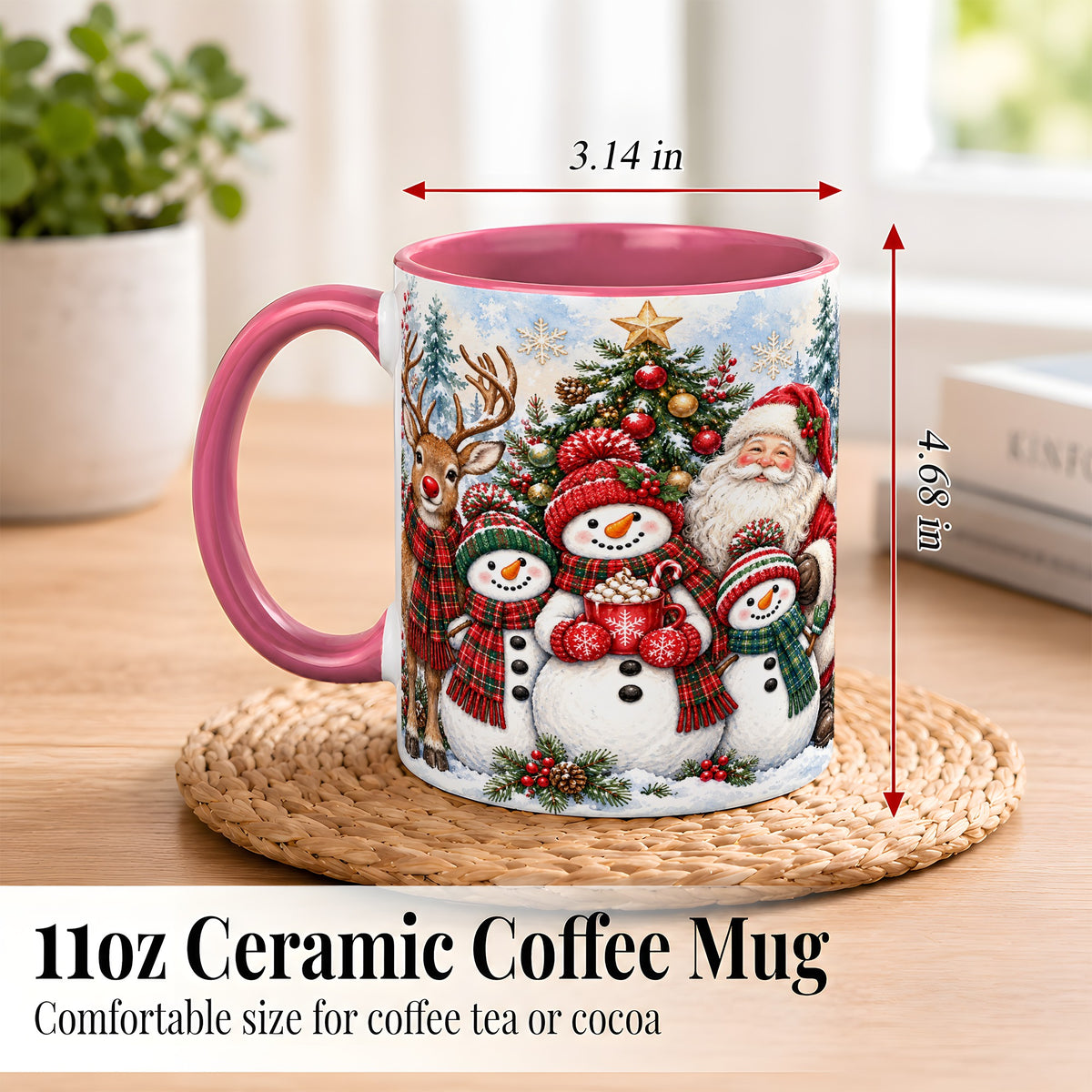 #pl[11oz|Pink] Santa Snowman Reindeer Coffee Mug, Christmas Friends Mug, Ceramic Cup